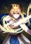 ahoge armor armored_dress artoria_pendragon_(all) blonde_hair blue_cape blue_dress blue_eyes cape crown dress excalibur eyebrows_visible_through_hair fate/stay_night fate_(series) fur_trim gauntlets hair_between_eyes holding holding_sword holding_weapon k-rumi looking_at_viewer saber sidelocks solo standing sword tied_hair weapon 