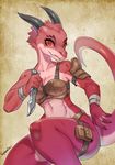  2018 anthro armor breasts claws dagger digital_media_(artwork) fangs female hi_res holding_object holding_weapon horn kemono kobold looking_at_viewer melee_weapon navel red_eyes scalie shepherd0821 solo unconvincing_armor weapon 