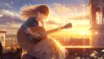  :d acoustic_guitar backlighting bangs black_cat brown_eyes brown_hair cat city clock clock_tower cloud cloudy_sky denim denim_jacket evening eyebrows_visible_through_hair floating_hair floral_print flower guitar highres instrument jacket jewelry lens_flare long_hair long_skirt mountainous_horizon music necklace on_roof open_clothes open_jacket open_mouth original pendant petals playing_instrument print_skirt romiy rooftop scenery sitting skirt sky sleeves_past_elbows smile solo sunlight sunset tower white_flower wind 