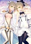  artoria_pendragon_(all) bad_id bad_pixiv_id black_bow black_legwear black_ribbon blonde_hair bodysuit bow breasts choker cleavage eyebrows_visible_through_hair fate_(series) fingerless_gloves flower gloves green_eyes hair_between_eyes hair_bow interlocked_fingers legacy_zechs long_hair lying medium_breasts midriff miniskirt multiple_girls navel neck_ribbon nero_claudius_(bride)_(fate) nero_claudius_(fate)_(all) on_back pantyhose partially_unzipped pleated_skirt ponytail ribbon saber_lily sidelocks skirt small_breasts stomach tied_hair white_bodysuit white_flower white_gloves white_skirt 