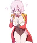  ? between_breasts breasts commentary_request epaulettes fate/grand_order fate_(series) higata_akatsuki jacket leotard mash_kyrielight open_clothes open_jacket open_mouth pink_hair purple_eyes red_jacket short_hair simple_background solo sweatdrop white_background 