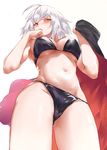  ahoge ass_visible_through_thighs bikini black_bikini blush breasts commentary_request cowboy_shot fate/grand_order fate_(series) from_below hand_to_own_mouth highres jeanne_d'arc_(alter)_(fate) jeanne_d'arc_(fate)_(all) large_breasts navel ohland parted_lips short_hair simple_background solo standing sweatdrop swimsuit underboob white_background white_hair wicked_dragon_witch_ver._shinjuku_1999 yellow_eyes 