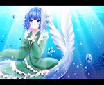  air_bubble blue_eyes blue_hair blue_nails bubble drill_hair fish green_kimono hands_on_own_chest head_fins highres japanese_clothes kimono letterboxed light_rays light_smile looking_at_viewer mermaid monster_girl nail_polish obi sash school_of_fish shiki_(s1k1xxx) short_hair solo sunbeam sunlight touhou underwater wakasagihime 