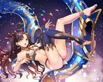  anklet armlet ass asymmetrical_legwear asymmetrical_sleeves barefoot black_hair black_panties black_ribbon blue_legwear breasts detached_sleeves eyebrows_visible_through_hair fate/grand_order fate_(series) feet full_body hair_ribbon highres ishtar_(fate/grand_order) jewelry long_hair long_legs md5_mismatch midriff navel open_mouth panties red_eyes ribbon sideboob single_thighhigh small_breasts soles solo stomach thighhighs toeless_legwear twintails underwear very_long_hair yewang19 