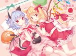  adapted_costume all_fours animal_ears artist_name bare_shoulders bat_wings black_cat blonde_hair bloomers bow bowtie cat cat_day cat_ears cat_tail commentary_request crystal detached_sleeves dress feet_out_of_frame finger_to_mouth flandre_scarlet hair_ribbon heart heart_of_string lavender_hair looking_at_viewer lying medium_hair mimi_(mimi_puru) multiple_girls no_hat no_headwear open_mouth paw_print pillow pink_dress puffy_sleeves red_bow red_dress red_eyes red_ribbon remilia_scarlet ribbon ribbon-trimmed_dress sash side_ponytail strapless strapless_dress tail tail_ribbon touhou underwear wings wrist_cuffs yarn yarn_ball 