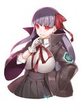  artist_name bangs bb_(fate)_(all) bb_(fate/extra_ccc) black_jacket black_skirt bow breasts eiri_(eirri) fate/extra fate/extra_ccc fate_(series) gloves hair_bow hand_on_hip hand_on_own_chin jacket large_breasts long_hair long_sleeves looking_at_viewer neck_ribbon parted_lips pleated_skirt purple_hair red_bow red_eyes red_ribbon ribbon shirt signature simple_background skirt smile solo v-shaped_eyebrows very_long_hair white_background white_gloves white_shirt wide_sleeves 