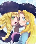  blonde_hair blue_background braid coat crossover earrings fur_hat fur_trim green_eyes hat highres jewelry kalinka_cossack lillie_(pokemon) long_hair mittens multiple_girls one_eye_closed open_mouth pokemon pokemon_(anime) pokemon_sm_(anime) rockman rockman_(classic) simple_background smile snowflakes tkt_mayo winter_clothes winter_coat 