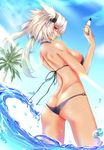  ass back bikini blue_bikini commentary_request dark_skin glasses grey_hair hair_flaps harapeko1129 highres kantai_collection looking_at_viewer looking_back micro_bikini musashi_(kantai_collection) o-ring o-ring_bikini o-ring_bottom ocean palm_tree pointy_hair short_hair_with_long_locks solo swimsuit tree two_side_up type_91_armor-piercing_shell water 