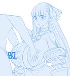  1girl bangs blunt_bangs blush breast_squeeze breasts censored deep_skin ekz_(drawfag) eyebrows_visible_through_hair fate/extra fate/extra_ccc fate_(series) frown gigantic_breasts hair_ribbon hetero highres long_hair monochrome novelty_censor o-ring paizuri passion_lip penis perpendicular_paizuri ribbon torn_clothes very_long_hair 