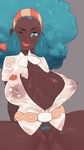 ;) absurdres afro aloe_(pokemon) aqua_eyes aqua_hair aqua_pubic_hair arms_behind_back ass_visible_through_thighs bad_id bad_pixiv_id bottomless bow bowtie breasts breasts_apart center_opening closed_mouth colored_pubic_hair dark_skin glo-s-s grey_background hairband highres huge_breasts lips long_hair looking_at_viewer mature navel nipples one_eye_closed open_clothes open_shirt pokemon pokemon_(game) pokemon_bw pubic_hair pussy see-through shirt short_sleeves simple_background smile solo spread_legs stomach sweat uncensored upper_body very_dark_skin 