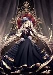  2018 bambi_nano black_dress black_gloves commentary_request dark_persona dress eyebrows_visible_through_hair fate/grand_order fate_(series) feathers floating_hair flower gloves hair_between_eyes hair_feathers hair_flower hair_ornament head_tilt highres long_hair looking_at_viewer marie_antoinette_(fate/grand_order) parted_lips signature silver_hair sitting sleeveless sleeveless_dress smile solo very_long_hair white_flower yellow_eyes 