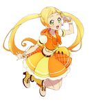  aikatsu!_(series) aikatsu_friends! belt belt_buckle blonde_hair boots bow buckle dress earrings green_eyes high_heel_boots high_heels hinata_ema_(aikatsu_friends!) jewelry long_hair looking_at_viewer midriff navel official_art open_mouth orange_bow orange_dress smile star star_earrings twintails white_background wrist_cuffs 