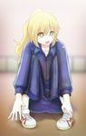  :d alternate_costume alternate_hairstyle blonde_hair commentary contemporary kirisame_marisa mochi547 open_mouth ponytail shoes smile sneakers solo star star_print stretch touhou track_suit yellow_eyes 