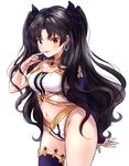  :p black_hair black_ribbon blush breasts downscaled_revision earrings fate/grand_order fate_(series) hair_ribbon highres hoop_earrings ishtar_(fate/grand_order) jewelry long_hair md5_mismatch medium_breasts melings_(aot2846) navel red_eyes ribbon simple_background single_thighhigh solo standing thighhighs tongue tongue_out two_side_up white_background 