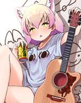  &lt;o&gt;_&lt;o&gt; :p alternate_costume animal_ears blonde_hair blush can cat_ears collarbone commentary_request crossed_legs green_eyes guitar instrument kemono_friends looking_at_viewer mewhan multicolored_hair pun purple_hair sand_cat_(kemono_friends) seiyuu_connection shipii_(jigglypuff) shirt short_hair short_sleeves sitting soda_can solo t-shirt tongue tongue_out translated 