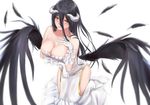  albedo arm_under_breasts bare_shoulders black_hair breast_hold breasts demon_girl demon_horns demon_wings dress elbow_gloves feathers gloves hair_between_eyes hand_on_breasts hand_on_own_chest highres horns kneeling large_breasts long_hair overlord_(maruyama) simple_background user_mnwn3283 white_background white_gloves wings yellow_eyes 