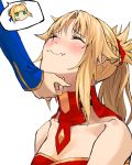  :3 ^_^ ahoge artoria_pendragon_(all) bangs blonde_hair blush chibi chibi_inset chin_tickle closed_eyes collarbone detached_collar fang_out fate/apocrypha fate/grand_order fate_(series) high_ponytail highres long_hair mordred_(fate) mordred_(fate)_(all) multiple_girls out_of_frame parted_bangs red_scrunchie saber scrunchie simple_background smile speech_bubble sweatdrop upper_body white_background zonotaida 