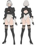  ass back_cutout black_footwear black_gloves black_legwear blue_eyes boots breasts cleavage_cutout gloves hair_over_one_eye hairband highres iwauchi_tomoki juliet_sleeves legs_apart leotard long_sleeves looking_at_viewer medium_breasts multiple_views nier_(series) nier_automata no_blindfold puffy_sleeves short_hair silver_hair simple_background standing thigh_boots thighhighs white_background white_leotard yorha_no._2_type_b 