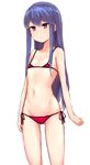  bikini blue_hair blush collarbone eyebrows_visible_through_hair flat_chest groin hair_ornament hairclip head_tilt long_hair micro_bikini navel parted_lips pink_eyes red_bikini shima_rin side-tie_bikini solo standing sweatdrop swimsuit varitora white_background yurucamp 