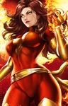  bodysuit breasts dandon_fuga dark_phoenix elbow_gloves fire gloves glowing glowing_eyes jean_grey large_breasts lips lipstick long_hair looking_at_viewer makeup red_hair skin_tight solo thighhighs turtleneck x-men yellow_gloves yellow_legwear 
