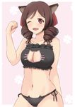  alternate_costume animal_ears black_bra black_panties bow bra breasts brown_hair cat_cutout cat_ears cat_lingerie cleavage cleavage_cutout cow drill_hair hair_bow harukaze_(kantai_collection) highres kamikitayotsuba kantai_collection large_breasts long_hair meme_attire one_eye_closed open_mouth panties pink_background red_bow red_eyes side-tie_panties smile solo twin_drills underwear underwear_only 