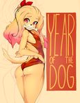 2018 absurdres ass blonde_hair bone bow chinese_zodiac collar commentary dog_tail furry gradient_hair hair_bow hair_bun highres leotard looking_back mouth_hold multicolored_hair original pink_hair red_eyes slugbox solo sweat tail year_of_the_dog yellow_skin 