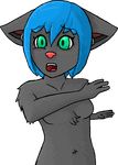  2018 4_fingers alpha_channel anthro breasts cat chest_tuft cyan_hair digital_media_(artwork) ear_tuft feline female fur green_eyes grey_fur hair mammal nude open_mouth picartosux shocked simple_background solo standing tongue transparent_background tuft 