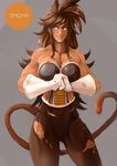  2016 amber_eyes animal_humanoid armor blood breasts brown_hair cleavage clothed clothing cracking_knuckles dragon_ball english_text fan_character female gloves hair humanoid imoya monkey_humanoid monkey_tail mothmandraws muscular muscular_female portrait saiyan scar solo text three-quarter_portrait torn_clothing 