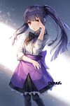  artist_name asagami_fujino bangs black_bow black_legwear black_neckwear blunt_bangs bow bowtie closed_mouth covering_one_eye expressionless feet_out_of_frame grey_shirt hand_up kara_no_kyoukai layered_skirt light light_particles long_hair pantyhose peeking_through_fingers ponytail purple_hair purple_skirt red_eyes roang shirt sidelocks skirt sleeves_folded_up solo standing 