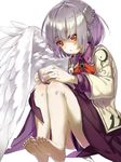  bangs barefoot blush braid cup dress eyebrows_visible_through_hair feathered_wings feet french_braid grey_hair highres holding holding_cup kishin_sagume knees_up long_sleeves looking_at_viewer nail_polish pale_skin parted_lips piyodesu purple_dress red_eyes red_ribbon ribbon shiny shiny_hair short_hair simple_background single_wing sitting soles solo toes touhou white_background white_wings wing_collar wings 