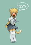  2018 anthro belt blush cat clothed clothing cute_fangs dipstick_tail feline female green_background hair_tie kemono legwear looking_at_viewer mammal multicolored_tail necktie open_mouth panzery25 pictographics pigtails school_uniform signature simple_background skirt socks solo speech_bubble standing tears thigh_highs uniform wristwatch 