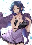  bangs black_hair blue_nails blush breasts collarbone dress earrings finger_to_mouth hamu_(plot_sy) hayami_kanade highres idolmaster idolmaster_cinderella_girls jewelry lace lace-trimmed_dress lace_trim lips medium_breasts nail_polish open_mouth parted_bangs parted_lips purple_dress short_dress short_hair sleeveless sleeveless_dress smile solo yellow_eyes 