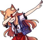  animal_ear_fluff animal_ears armband bag blonde_hair breasts closed_eyes dab_(dance) fate/extra fate/extra_ccc fate/extra_ccc_fox_tail fate/grand_order fate_(series) fox_ears fox_girl fox_tail japanese_clothes long_hair pleated_skirt red_ribbon red_skirt ribbon school_bag school_uniform shirt short_sleeves skirt small_breasts smirk smug speckticuls suzuka_gozen_(fate) tail transparent_background white_shirt 