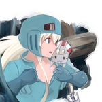  anchor_hair_ornament blonde_hair commentary cosplay gloves green_eyes hair_ornament helmet highres inoue_kousei kantai_collection kaze_no_tani_no_nausicaa lifebuoy long_hair nausicaa nausicaa_(cosplay) open_clothes open_mouth pilot_suit rensouhou-chan shimakaze_(kantai_collection) sidelocks sitting_on_shoulder 