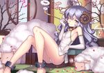  ;) ahoge animal ass bangs blue_eyes blush breasts china_dress chinese_clothes closed_mouth commentary_request cuffs dress elbow_gloves gloves hair_between_eyes holding holding_pipe horns kiseru long_hair looking_at_viewer one_eye_closed original panties pipe purple_hair ryuinu sheep sheep_horns short_dress side-tie_panties sitting sleeveless sleeveless_dress small_breasts smile solo underwear very_long_hair white_dress white_gloves white_panties 