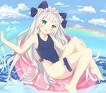  :d bad_id bad_pixiv_id bangs bare_arms bare_shoulders barefoot blue_bow blue_sky blue_swimsuit blush bow casual_one-piece_swimsuit cloud collarbone colored_eyelashes commentary day eyebrows_visible_through_hair frilled_swimsuit frills green_eyes hair_bow head_tilt highres innertube leg_garter long_hair mony ocean one-piece_swimsuit open_mouth original outdoors rainbow red_bow silver_hair sky smile solo swimsuit toenails very_long_hair water 