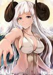  armpits astaroth_(granblue_fantasy) backlighting bangs bare_arms bare_shoulders black_nails blue_eyes blunt_bangs breasts cleavage closed_mouth collarbone eyelashes foreshortening granblue_fantasy groin horns impossible_clothes jewelry kanzaki_kureha large_breasts lips long_hair looking_at_viewer midriff nail_polish necklace outstretched_arm revealing_clothes silver_hair smile solo straight_hair upper_body very_long_hair 