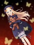  :d abigail_williams_(fate/grand_order) bangs black_bow black_dress black_hat blonde_hair bloomers blue_eyes blurry blurry_foreground blush bow bug butterfly chana_dal commentary_request depth_of_field dress dutch_angle fate/grand_order fate_(series) hair_bow hat highres insect long_hair long_sleeves looking_away object_hug open_mouth orange_bow parted_bangs polka_dot polka_dot_bow red_background sleeves_past_fingers sleeves_past_wrists smile solo stuffed_animal stuffed_toy teddy_bear underwear very_long_hair white_bloomers 