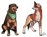  animalization bandages bleach brother_and_sister closed_mouth collar dog emlan full_body lowres neckerchief no_humans open_mouth shiba_ganju shiba_kuukaku siblings signature simple_background sitting standing white_background 