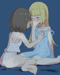  2girls barefoot black_hair blonde_hair blush breast_grab deathroling eyes_closed feet female lillie_(pokemon) long_hair mizuki_(pokemon_sm) multiple_girls panties pokemon pokemon_(game) pokemon_sm soles strap_slip underwear wariza yuri 