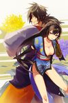  1girl bandaged_arm bandages black_hair breasts choker hair_over_one_eye japanese_clothes kimono long_hair low_ponytail medium_breasts nakariku ponytail rokurou_rangetsu smile tales_of_(series) tales_of_berseria underboob velvet_crowe very_long_hair yellow_eyes 