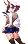  2018 alternate_costume ass bangs beret black_legwear blue_neckwear blue_skirt blush covered_nipples eyebrows_visible_through_hair fangs_out fate/grand_order fate_(series) garter_straps glasses hat hijiri_ruka horns long_sleeves looking_at_viewer looking_back necktie no_bra oni oni_horns parted_lips plaid plaid_neckwear plaid_skirt pleated_skirt purple_eyes purple_hair round_eyewear shirt short_hair shuten_douji_(fate/grand_order) skirt solo sparkle sweater_vest thick_eyebrows thighhighs white_background white_hat white_shirt 