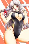  black_swimsuit blush breasts cleavage cleavage_cutout competition_swimsuit d-m_(dii_emu) front_zipper_swimsuit hatchet highres long_hair medium_breasts meme_attire one-piece_swimsuit open_mouth oriental_hatchet red_eyes sakata_nemuno silver_hair smile solo swimsuit touhou turtleneck very_long_hair wavy_hair 