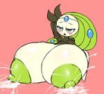  areola big_breasts blue_eyes blush breasts clothed clothing elfdrago eye_roll female forehead_gem green_hair hair hand_behind_head hi_res huge_breasts humanoid hyper hyper_breasts lactating legendary_pok&eacute;mon looking_up meloetta meloetta_(aria_form) mostly_nude nintendo nipples not_furry open_mouth pink_background pok&eacute;mon pok&eacute;mon_(species) pok&eacute;morph pseudo_clothing short_stack simple_background sitting solo topless video_games white_skin 