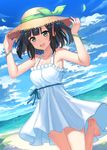  :d arms_up bangs barefoot beach black_hair blue_ribbon blue_sky blunt_bangs blush breasts cloud day dress dutch_angle eyebrows_visible_through_hair frilled_dress frills green_eyes green_ribbon hajime_kaname hands_on_headwear hat hat_ribbon highres horizon leaf leg_up looking_at_viewer medium_breasts medium_hair moe2018 ocean open_mouth original ribbon shore sky sleeveless sleeveless_dress smile solo standing standing_on_one_leg straw_hat sun_hat two_side_up w_arms water white_dress wristband 