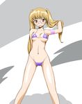  bikini blonde_hair blush breasts brown_eyes geropper girls_und_panzer glasses groin looking_at_viewer navel oono_aya purple_bikini small_breasts smile solo swimsuit tongue tongue_out twintails 