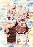  :3 alpaca_ears alpaca_huacaya_(kemono_friends) alpaca_suri_(kemono_friends) alpaca_tail alternate_costume animal_ears barefoot barrel bow commentary fluffy_legwear fur_collar fur_trim gift hair_over_one_eye hand_on_hip hand_over_face hat hat_bow heart heart-shaped_pupils highres kemono_friends kolshica maid multiple_girls muted_color neck_ribbon open_mouth ribbon short_hair shorts symbol-shaped_pupils tail thighhighs tray 