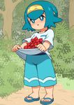  blue_eyes blue_hair blush commentary_request food forest fruit hairband kerokero00frog nature pokemon pokemon_(game) pokemon_sm sandals solo suiren_(pokemon) younger 