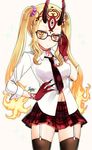  adjusting_eyewear alternate_costume bespectacled black-framed_eyewear black_legwear blonde_hair breasts collared_shirt covered_nipples facial_mark fate/grand_order fate_(series) garter_straps glasses hand_on_hip hijiri_ruka horns ibaraki_douji_(fate/grand_order) long_hair long_sleeves looking_at_viewer medium_breasts necktie no_bra oni oni_horns parted_lips plaid plaid_neckwear plaid_skirt pleated_skirt pointy_ears red_neckwear red_skirt shirt sidelocks skirt solo tattoo thighhighs very_long_hair white_shirt 