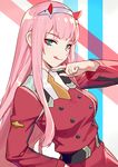  :q aqua_eyes arm_up bangs belt blunt_bangs breasts closed_mouth coat darling_in_the_franxx double-breasted eyeshadow finger_to_chin hairband highres horns jinyuan712 long_hair long_sleeves looking_at_viewer makeup medium_breasts military military_uniform multicolored multicolored_background necktie orange_neckwear red_coat sidelocks smile solo straight_hair tongue tongue_out tsurime uniform upper_body very_long_hair white_hairband zero_two_(darling_in_the_franxx) 